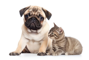 Pug Dog and Curious Kitten, Unlikely Best Friends Isolated on White Background