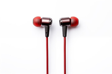  A pair of red earbuds on a white background.