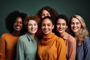 Obraz premium cheerful young multiethnic women. Girlfriends smiling at the camera, posing together. Diversity, beauty, friendship concept. Isolated on gray background