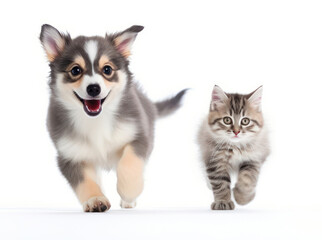 The Playful Dog and Curious Kitten Running Isolated on White Background