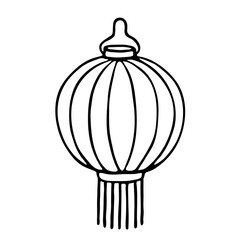 Hanging Chinese lantern with fringe isolated on white. Black line drawing sketch in doodle style. Vector picture for oriental culture and traditional decoration illustration, holiday design, print.