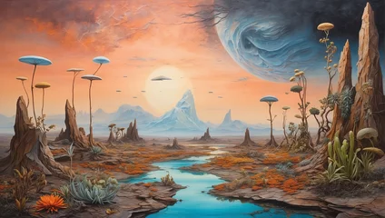 Selbstklebende Fototapeten Oil canvas depicting an otherworldly alien landscape with unique flora and fauna. © xKas