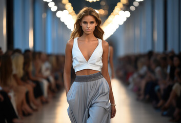 A model walks the runway at fashion week.