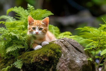 An AI illustration of a cat sitting in a green plant filled forest area looking forward