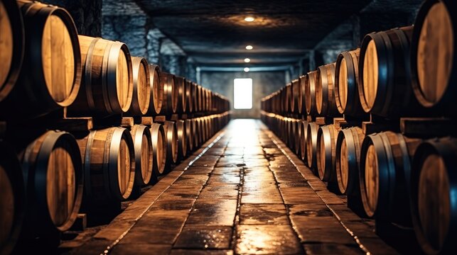 Old aged traditional wooden barrels with whiskey in a vault lined up, Wine cellar.