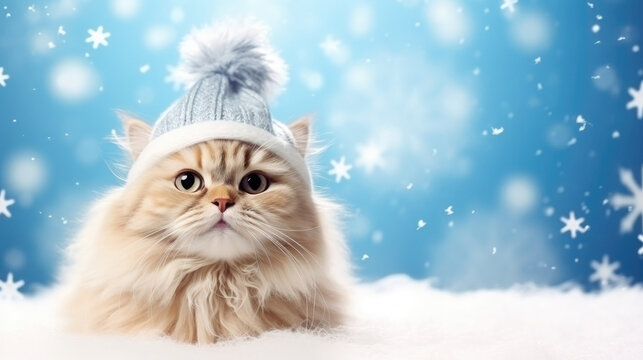 A fluffy cat in a knitted hat lies on the snow with a winter background. Free space for product placement or advertising text.