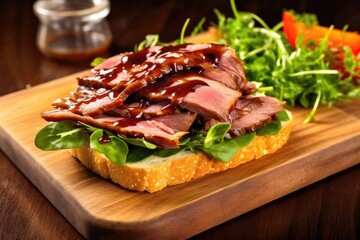 open-faced barbecue beef sandwich with green leaf lettuce