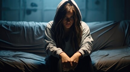 Fototapeta premium Sad teenage girl sitting in a dark room, Depression and frustration, Concept of mental health.