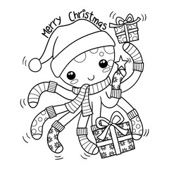 Illustration in black and white of a cute octopus wearing santa Claus hat, christmas socks in his paws and holding a star and two gifts, coloring page