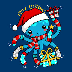 Illustration of a cute octopus wearing santa claus hat, christmas socks in his paws and holding a star and two gifts, print design