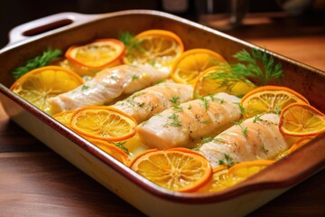 fish fillets in a citrus sauce in a baking dish