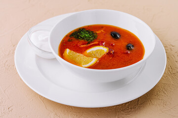 soup solyanka closeup in a bowl