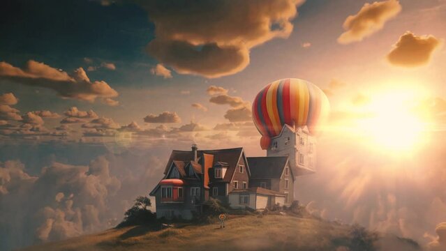 Balloon with house flies above the clouds. Real Estate Concept video