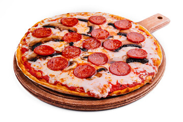 Pepperoni pizza with sausage white background