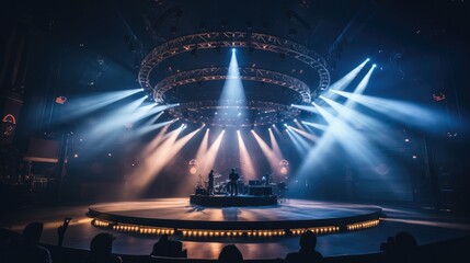 A stage type live venue, Lighting, Stage rigging equipment and PA systems.