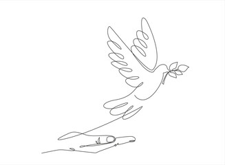 Continuous one line drawing of releasing a dove with olive branch from hand to flight. Peace day concept drawn by single line. Vector illustration.
