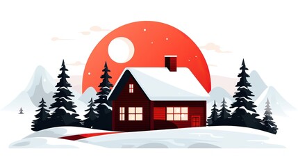 Cute Christmas house. Christmas New Year banner. Cozy winter scene flat illustration	