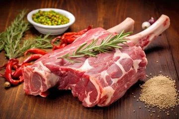 Foto op Plexiglas fresh cut raw lamb shank rubbed with rosemary and garlic © primopiano