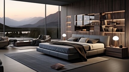 Modern bedroom, furniture with a bed, wardrobe and mirror, In the style of dark gray and light brown.
