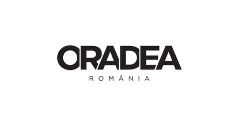 Oradea in the Romania emblem. The design features a geometric style, vector illustration with bold typography in a modern font. The graphic slogan lettering.