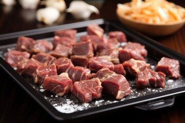 bbq steak tips on iron griddle garnished with garlic flakes