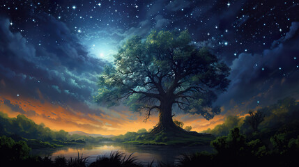 a lonely tree in a calm night with a lot of stars, impressionist artwork - obrazy, fototapety, plakaty