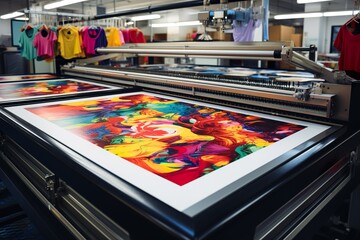 Serigraphy silk screen print process at clothes factory frame squeegee and carousel - obrazy, fototapety, plakaty