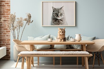 Cat photography on modern dining room interior design , wooden table with chairs 3D rendering - obrazy, fototapety, plakaty