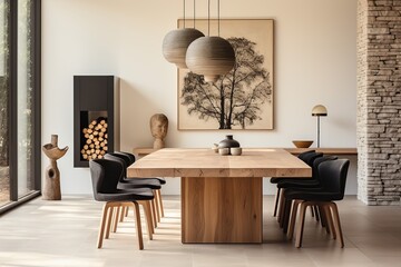 Interior design of modern dining room, wooden table with chairs in combination of boho and japandi style 3d rendering