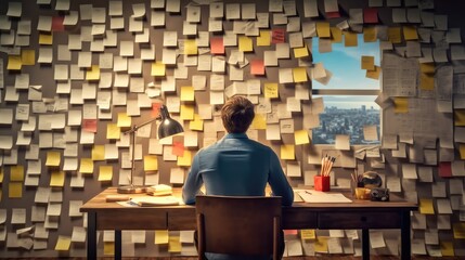 Businessman looking paper notes on wall at office, Ideas and innovation concept.
