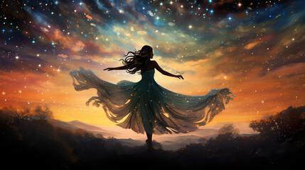 beautiful dancing girl at night with a sky full of stars