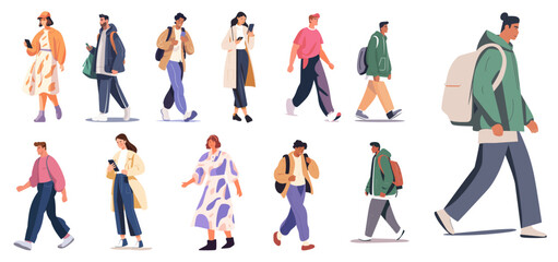 Modern Urban Citizens: Collection of Diverse People in Stylish Outfits Engaged in Daily Activities. Flat graphic vector illustrations isolated on white background