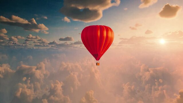 Red hot air balloon in blue sky with white clouds on sunset