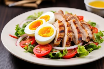 Fototapeta na wymiar grilled chicken salad with sliced boiled egg