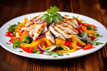 grilled chicken salad with colorful bell peppers and diced onions