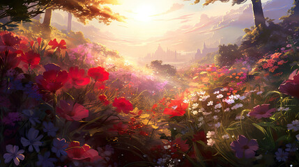 an impressive peaceful artwork of a sun shining in a garden full of flowers, anime artstyle