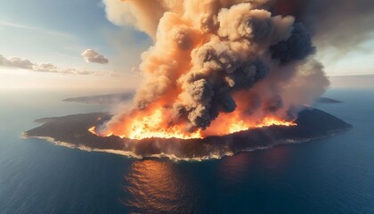Wildfire on a island. Aerial view from a drone. 