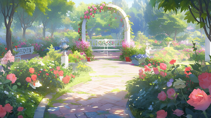 a beautiful garden artwork with an archway, flowers everywhere in an anime style