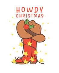Cute Cowboy Christmas with Western Boot Cartoon Character hand drawing