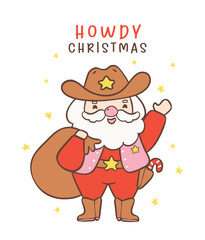 Cute Cowboy Santa Claus Christmas with sack cartoon hand drawing