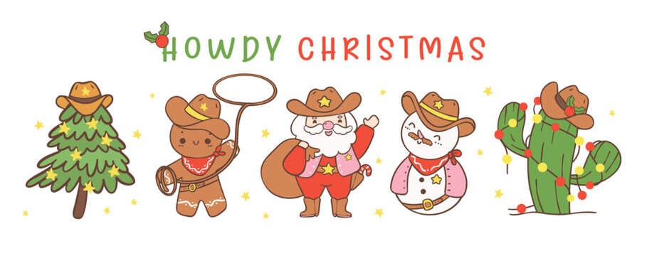 Cute Cowboy Christmas Western Howdy Christmas banner Hand drawing cartoon