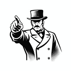 Man in vintage hat threateningly pointing with his finger. Vector black vintage engraved illustration of aggression