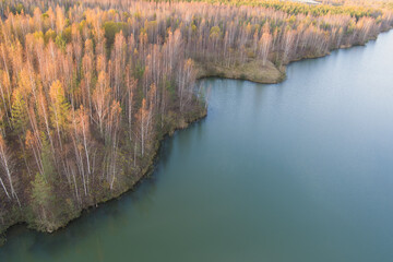 Nature of Estonia, autumn deciduous forest on the shore of a lake, photo from a drone.