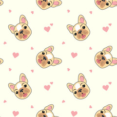 Seamless pattern of heads of cute beige French bulldog puppies