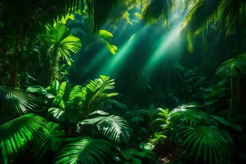 a scene featuring a lush, emerald green jungle,
