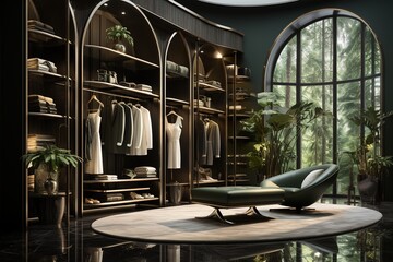 Grand dressing luxueux dans une maison élégante. Large luxurious walk-in closet in an elegant home.