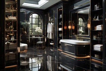 Grande salle de bain luxueuse, bleu sombre et doré avec grande fenêtre. Luxurious bathroom, dark blue and gold with large window. - obrazy, fototapety, plakaty