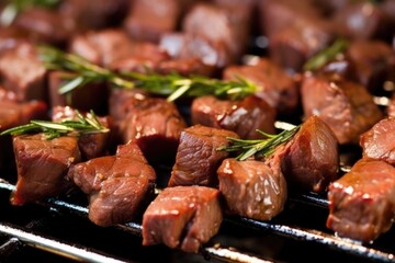 close-up of marinated lamb cubes before grilling - obrazy, fototapety, plakaty