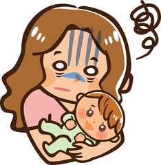 赤ちゃんを抱く疲れ切った女性のイラスト