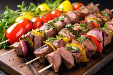 close-up of grilled lamb kebabs presented on a stone platter